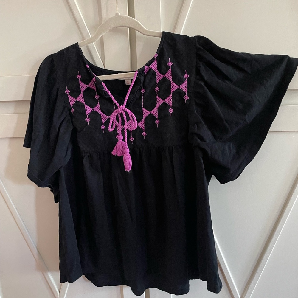 Black and Pink Flutter Sleeve Blouse with Tie Front